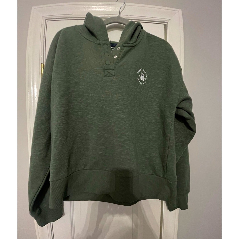 Tommy Hilfiger Sport M Green Solid Pullover Hoodie Long Sleeve Logo